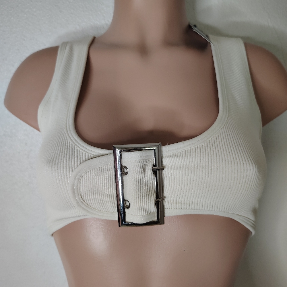 Fashion Nova “Set The Vibe” Cream Buckle Crop Top Size M/L NWT